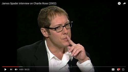James on Charlie Rose in 2002. He shows signs of thinning at the hairline, with his hair combed forward perhaps to conceal his hair loss. 